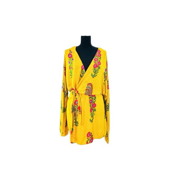 ASOS Boho Yellow Floral Kimono Wrap Mini Dress - XL - Picture 1 of 8